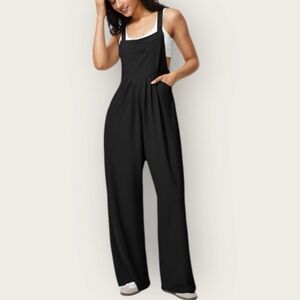 Halara Waffle Jumpsuit Adj Button Straps Multiple Pockets Black